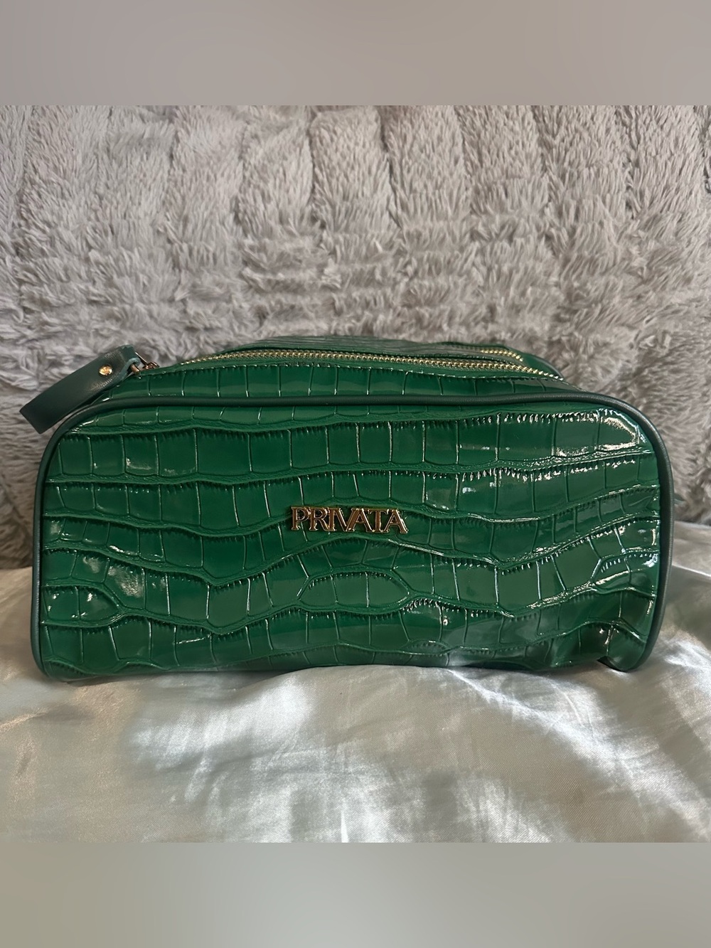 Privata Green crocodile-embossed toiletry/cosmetic travel bag